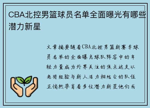 CBA北控男篮球员名单全面曝光有哪些潜力新星