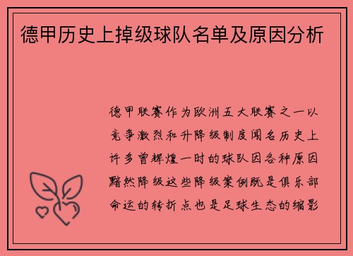 德甲历史上掉级球队名单及原因分析